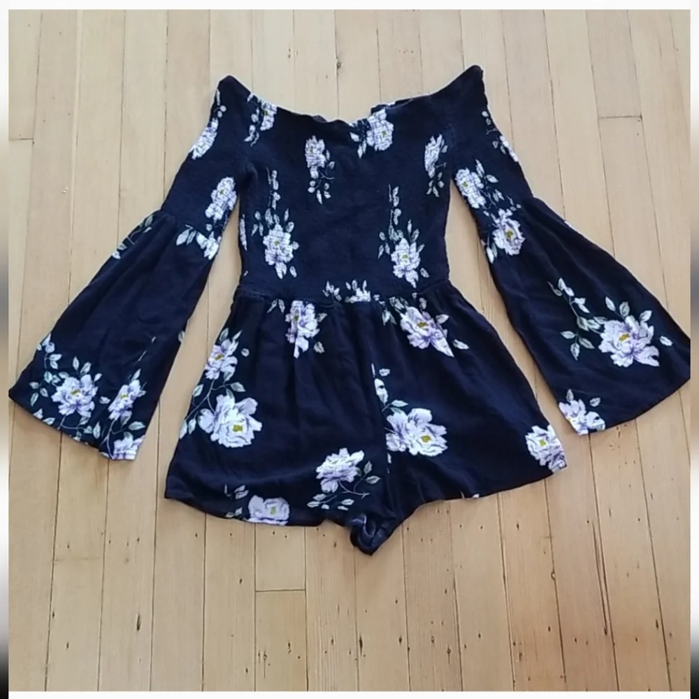 ◾️BLACK ◾️Kendall and Kylie Smocked, Floral,Off Shoulder, Bell Sleeve Romper - Picture 3 of 4